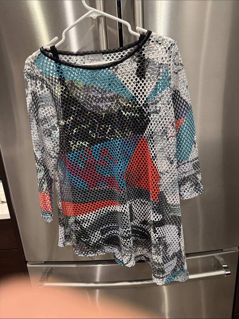 Geometric Mesh Tunic Top - Black with Teal & Coral Accents